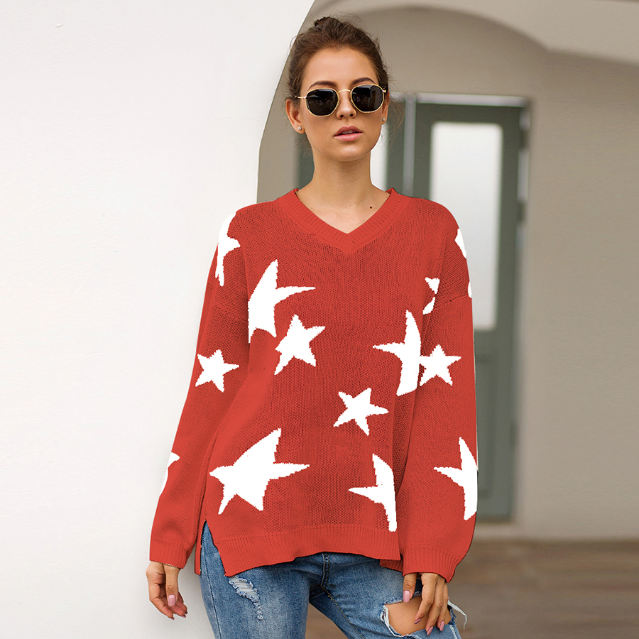 Womens Autumn Sweater Pentagram Star Knit V-neck Long Sleeve Loose Japan Woman Sweaters Female Pullovers Tops VD31001 201130
