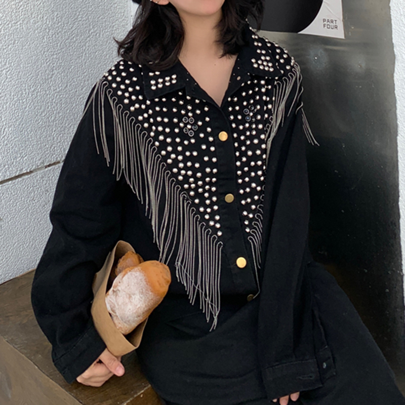 PERHAPS U Women's Denim Blue Black Gray Jacket Button Long Sleeves Jean Turn Down Collar Pocket Rivet Tassel C0505 201112