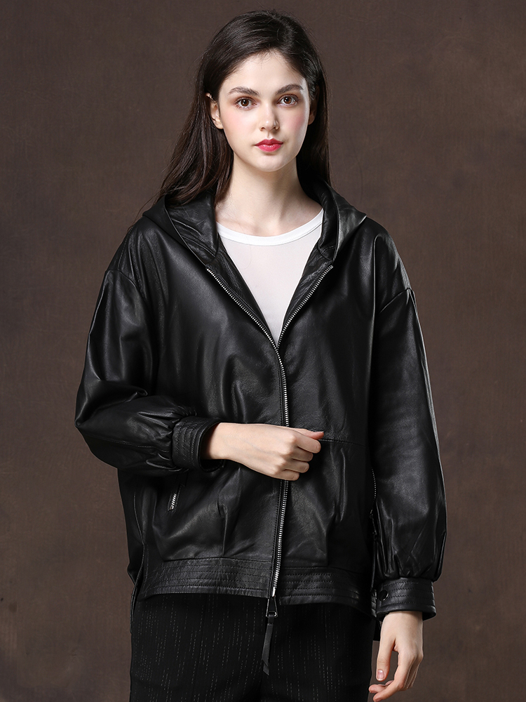 Nerazzurri Black oversized leather jacket women with hood long sleeve drop shoulder zipper plus size spring faux leather coat 201226