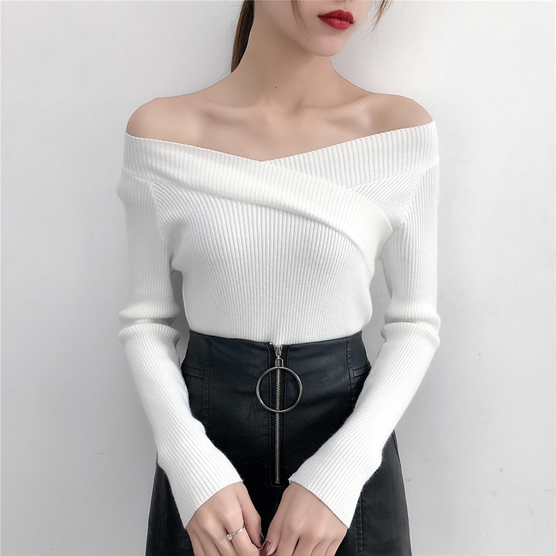 V Neck Twisted Back Sweater Women Jumpers Autumn Pullovers Casual Tops Long Sleeve Knitted Sweaters Off Shoulder pull femme 201221