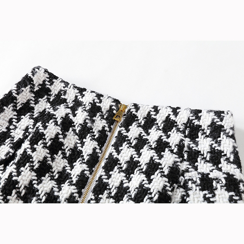 UKCNSEP Fall Winter Skirt Women's Fringed Lion Buttons Houndstooth Tweed Mini Skirt 201109