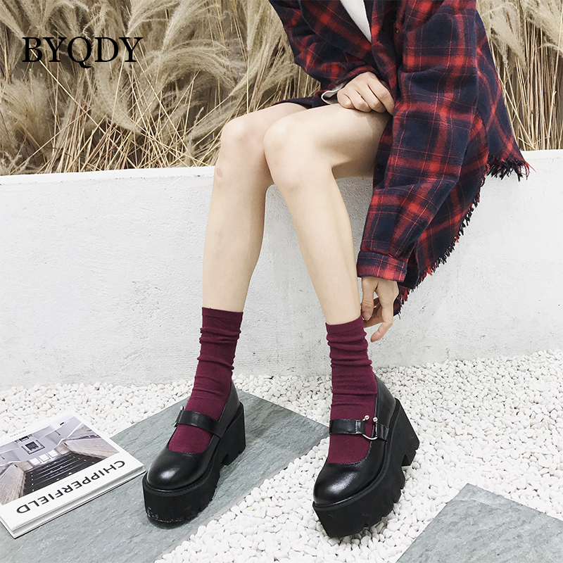 BYQDY Platform High Heels Women Shoes Round Head Mary Jane Shoes Black Height Increasing PU Leather Female Pumps Worker Shoes LJ200928
