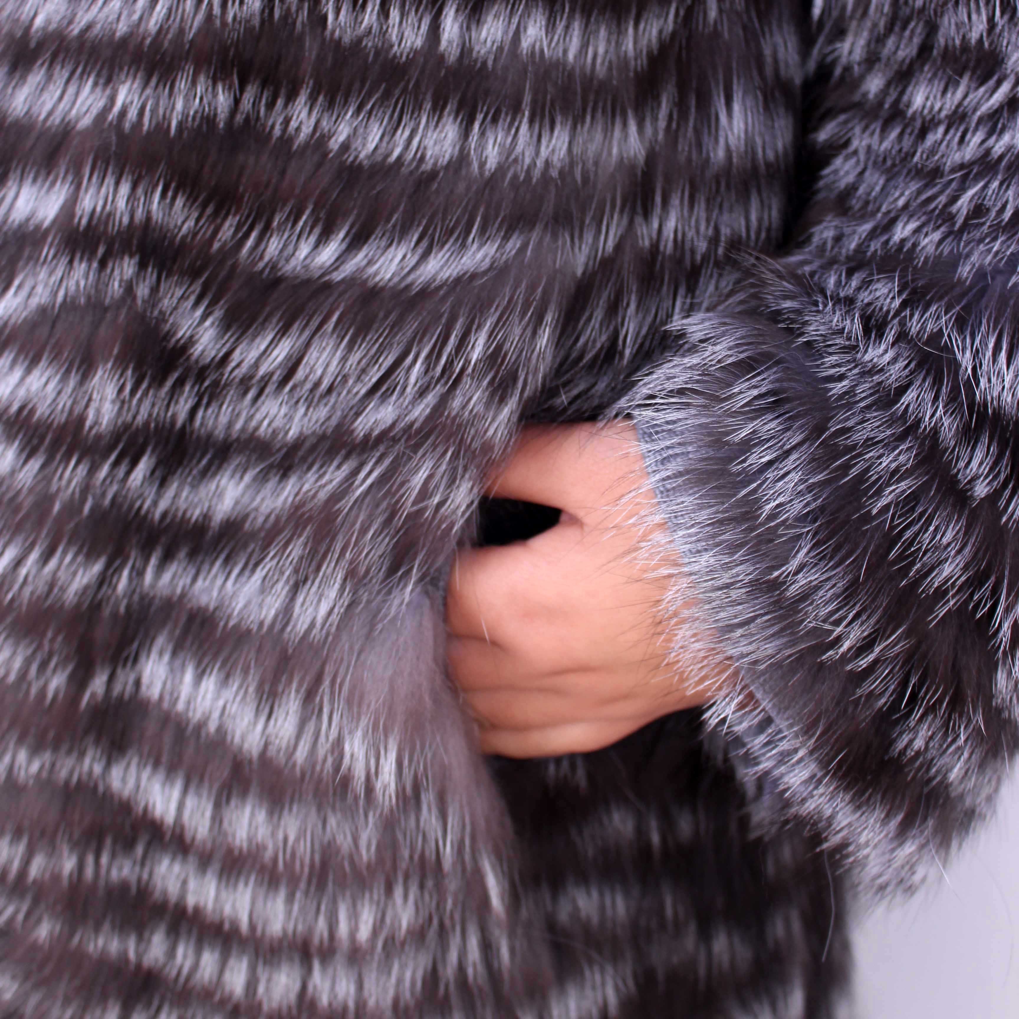 Linhaoshengyue NEW HOT Fox Fur Long Coat Wool Knit Liner With Stylish Stand Collar 201103