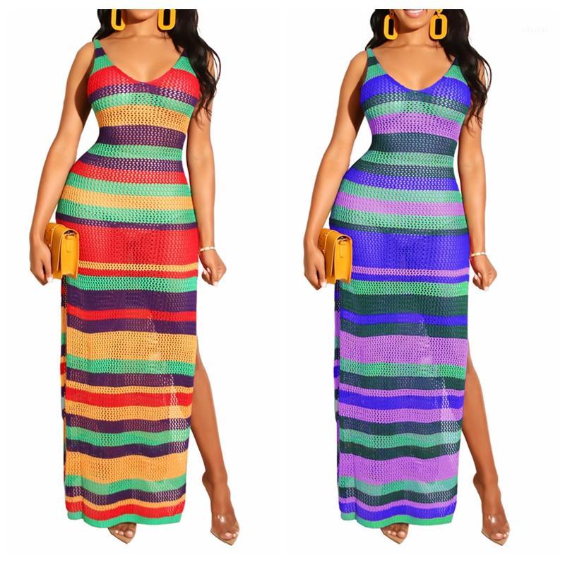 2020 New colorful stripped high split beach long dress sexy women crochet see through bikini swimwear bathing suit cover up1, Colorful 2
2020 New colorful stripped high split beach long dress sexy women crochet see through bikini swimwear bathing suit cover up1, Colorful 2