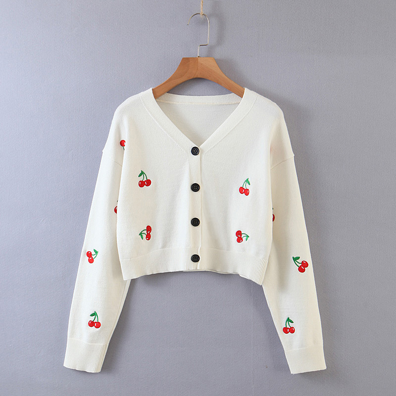 New Sweet Cute Kawaii Pink Cherry Embroidery Women Autumn Knitted Cardigan Tops Chic V-neck Single-breasted Sweaters 201017
