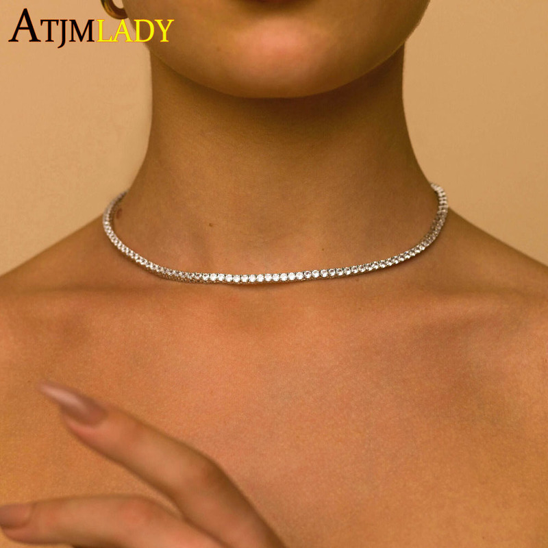 Thin m CZ 1 Row Shiny Tennis Chain Necklace HipHop Iced Out Bling Cubic Zircon Choker Jewelry Gold Color Plated For Women Men 220218