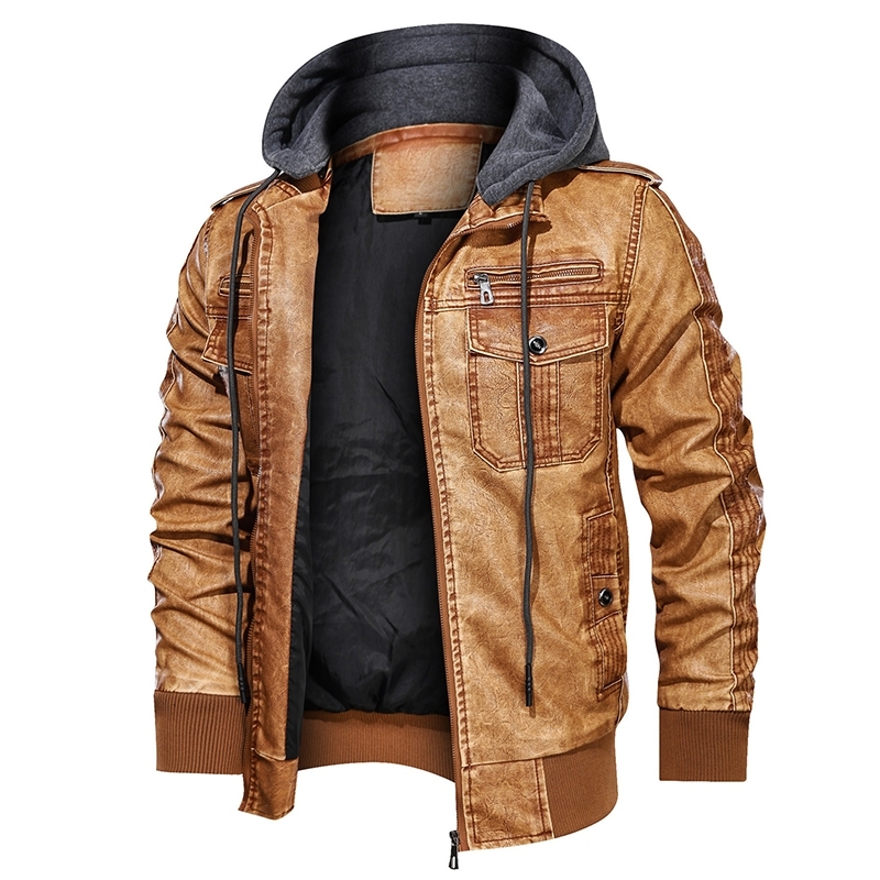 Winter Men's Motorcycle Leather Jacket Men Fashion Brown Thick Zipper Coat Male Hooded Windbreaker Outwear EU Size 5XL 201128