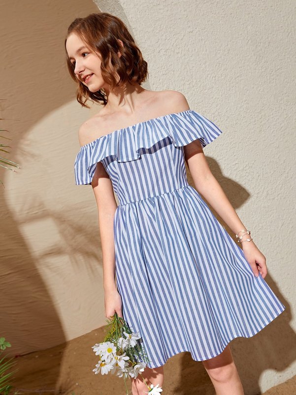 Teen Girls Ruffle Off Shoulder Striped Pattern Dress SHE