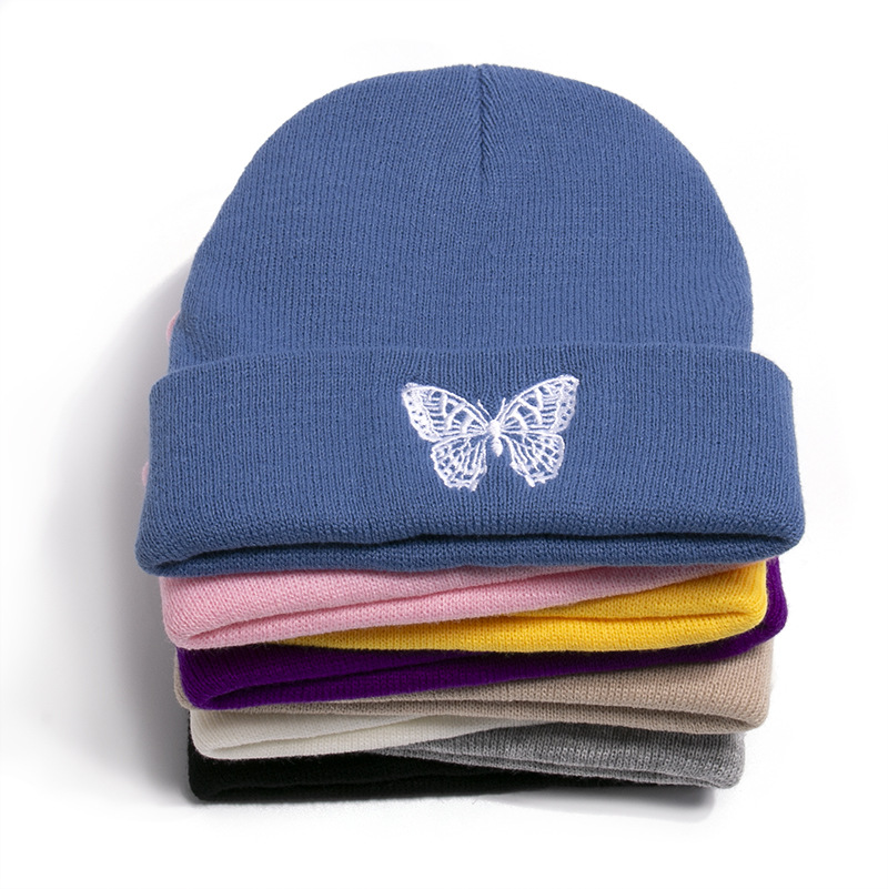 Autumn Casual Black Beanies Hats For Women Men Butterfly Embroidery Winter Cap Warm Knitted Hip Hop Beanie Hat
