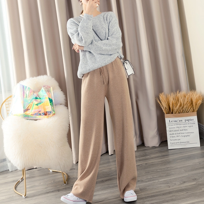 BYGOUBY Autumn Winter Thick Warm Women Wide Leg Pants Drawsring Full Length Moping Shaking Pant High Waist Casual Knit Trousers 201228 Z260314