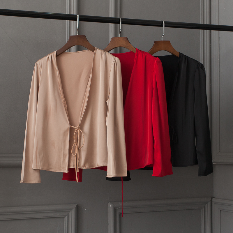 Women Self Tie Front Satin Blouse Satin Shirt 201125