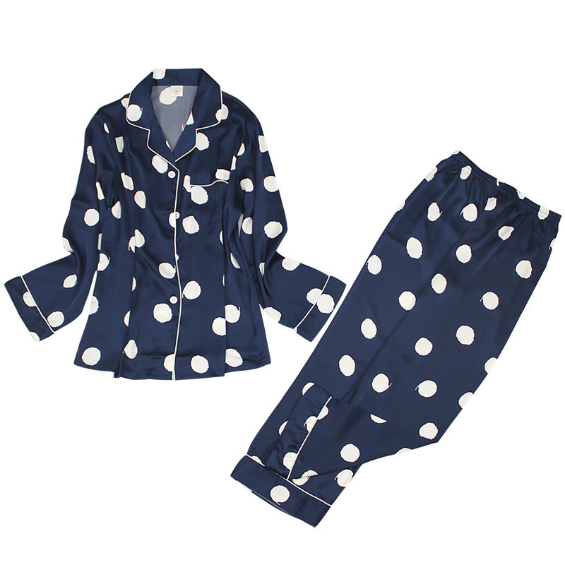 New Autumn Women Silk Satin Printing Pajamas Set Dot Long Sleeved Shirt and Trousers Home Service Suit Satin Pajamas for Women T200429