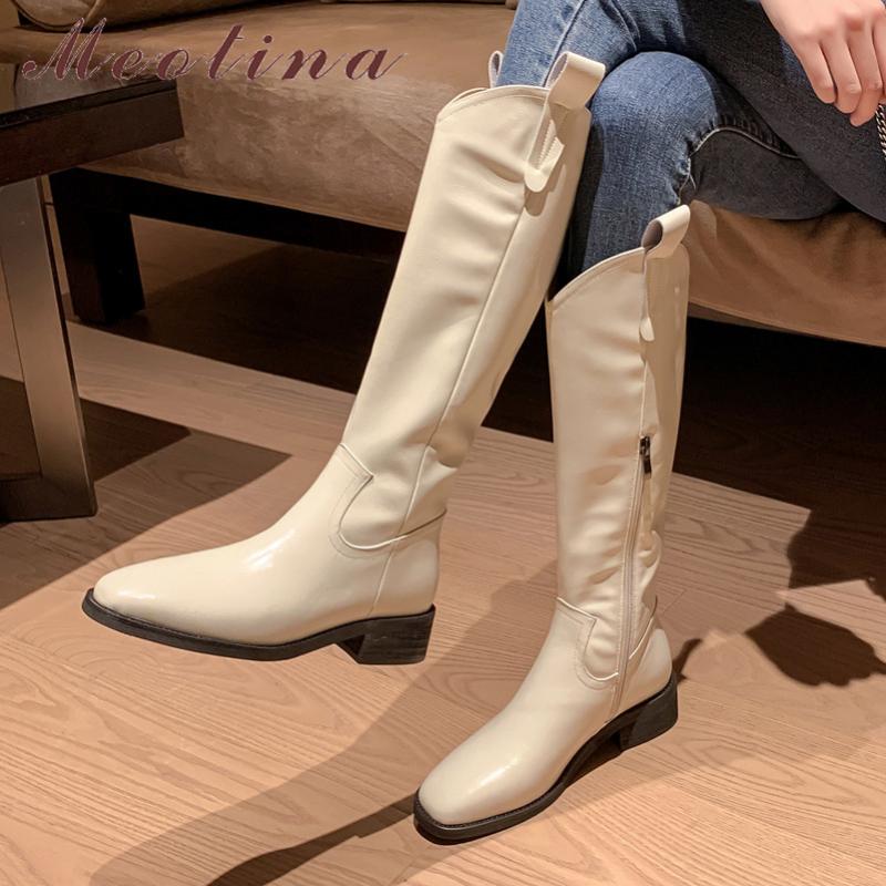 Meotina Knee High Boots Women Shoes Real Leather Mid Heel Westren Boots Block Heels Zipper Long Ladies Autumn Winter Beige, Black synthetic lin