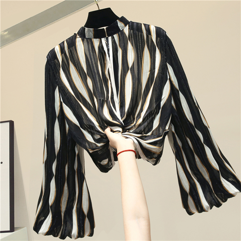 TWOTWINSTYLE Casual Striped Women Shirt Stand Collar Lantern Long Sleeve Loose Hit Color Blouse Female Fashion Clothing New 201126