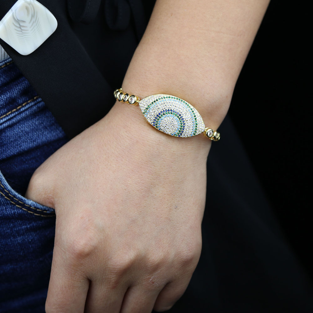 New Fashion Evil Eye Gold Color Round Tennis Bracelet Bangle for Women paved Color cz Adjustable Luxury Jewelry for Wedding Engagement Gift