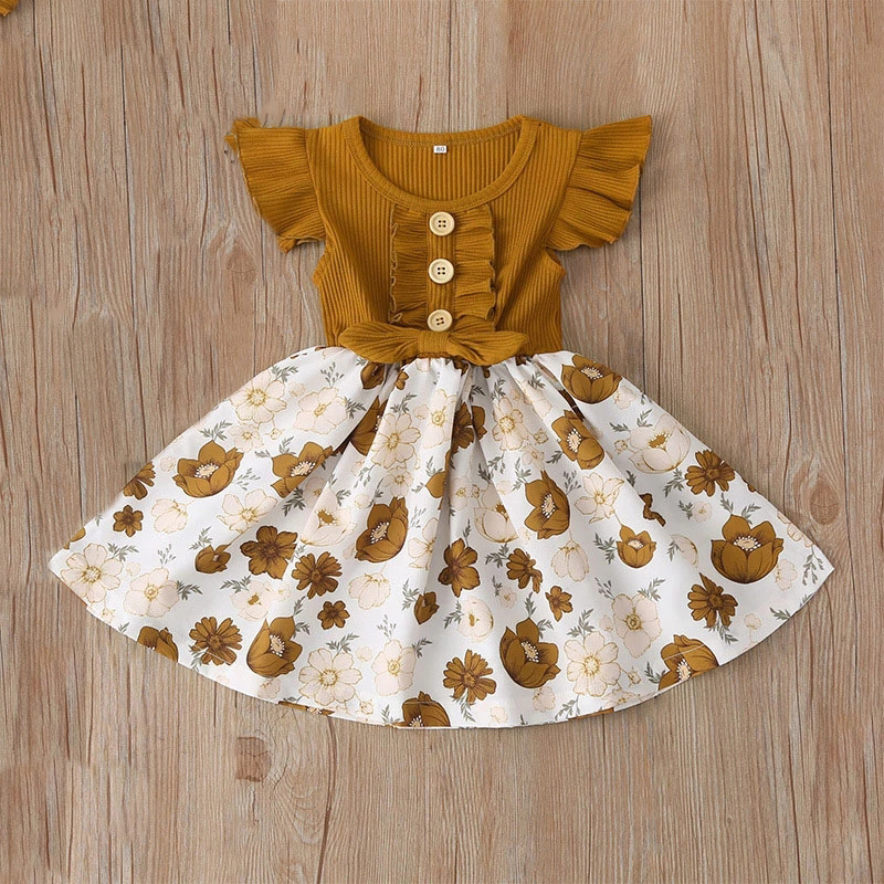 Girls Dress Summer New Girls Flying Sleeve Stitching Floral Dress Infant Baby Girls Princess Dress Clothing For GirlsX1019