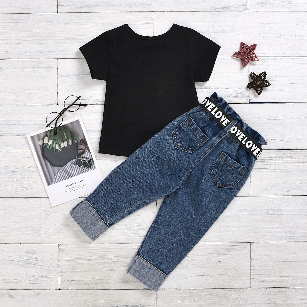 Citgeett Summer Toddler Kids Baby Girl Tops Letters Black T-Shirt Denim Pants Jeans Outfits Clothes Fashion SetX1019