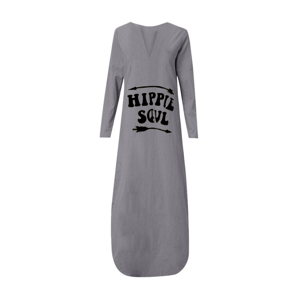 Printed Full Sleeve V-neck Long Dress Autumn Baggy Kaftan Casual Loose Dresses Women Fashion Streetwear Dress Vestidos 200928