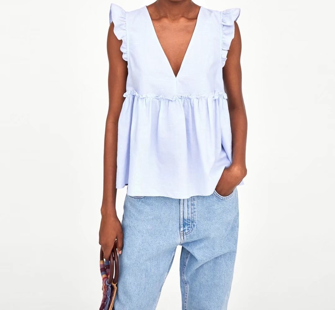2019 Summer Women Ruffles Elegant Blouse Sweet V Neck Back Bow Tie Sleeveless Shirt Pleated Solid Casual Top T200321