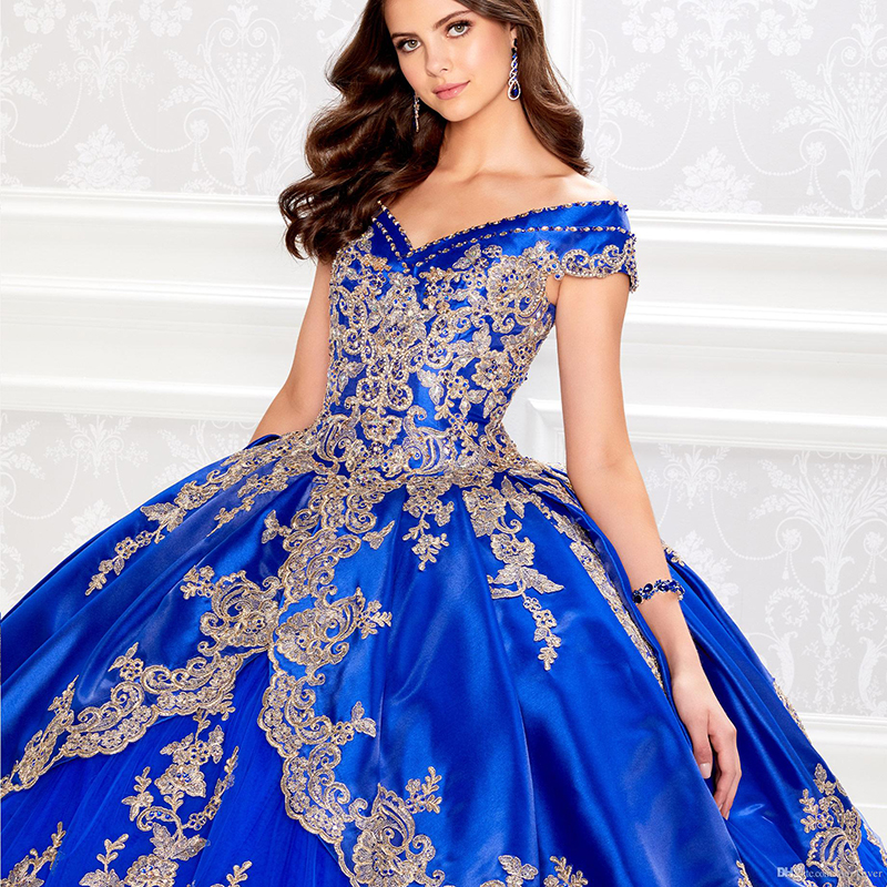 Off the Shoulder Royal Blue Quinceanera Dresses With Gold Appliqued Ball Gowns Prom Dresses Lace-up Sweet 16 Party Gowns