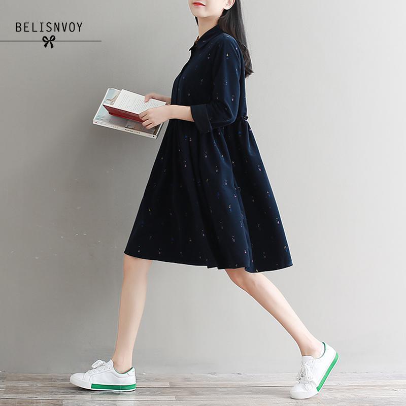 Autumn Women Dresses Turn-down Collar Character Long Sleeve Casual Loose Vestidos Femininos Corduroy Green Vintage Dress T200416