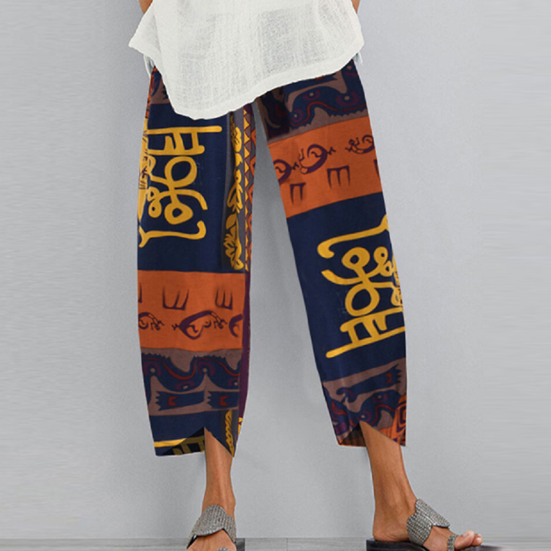 2020 Women Cotton Linen Vintage Pants Summer Elastic Waist Irregular Trousers Pantalon Casual Dandelion Print Cropped Pants 5XL T200727