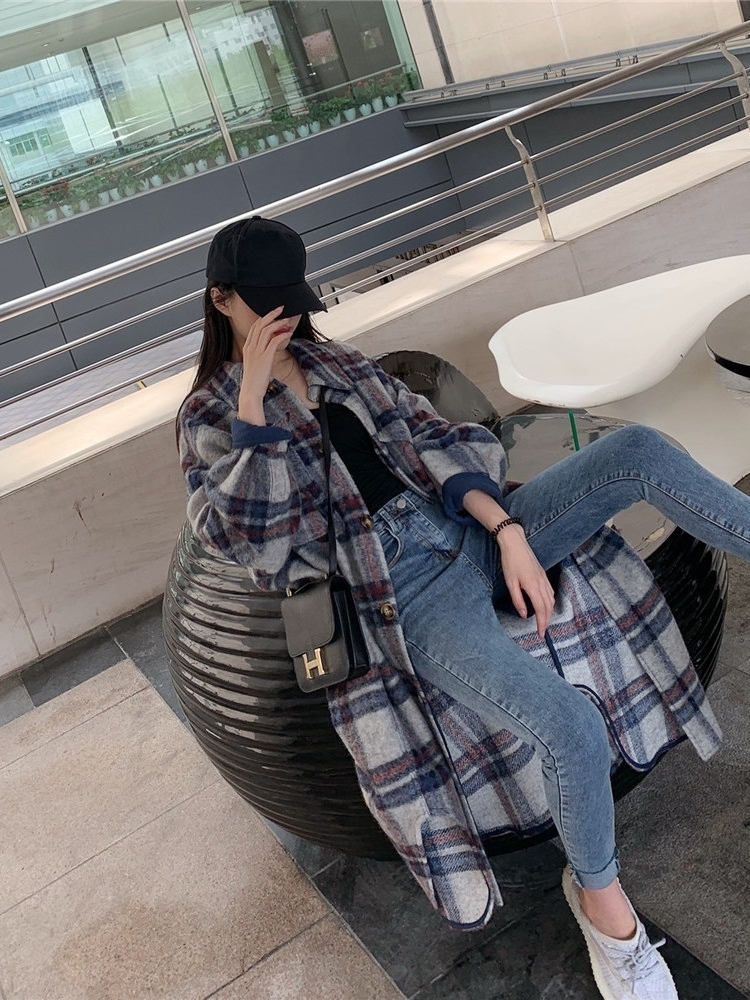 Blue Plaid Trench Coat Women 2020 Spring Autumn New Casual Korean Fashion Lapel Wool Over The Knee Long Coat Z220 T200828