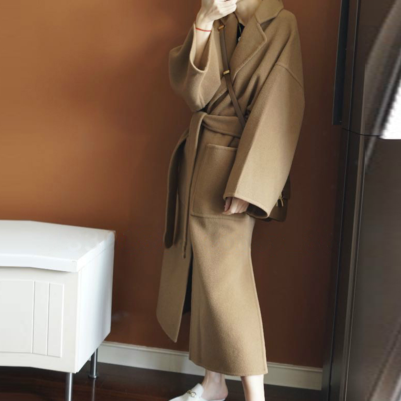 100% Wool Coat Female Office Lady Side Cut Turn-down Collar Outwear Long Black Camel Women's Coats with Belt 201027