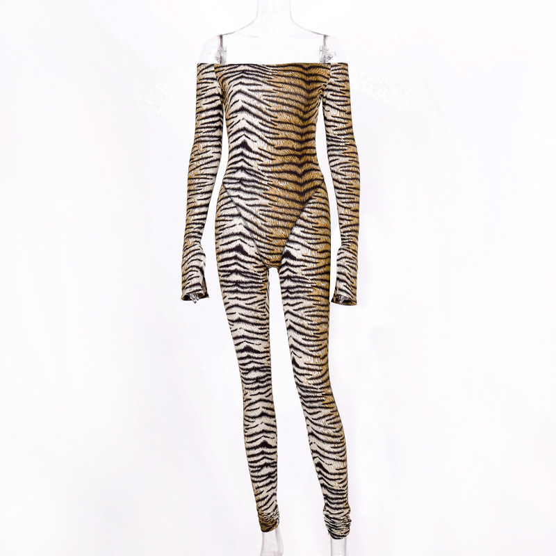 BOOFEENAA Tiger Stripe Print Sexy Jumpsuit Women Off Shoulder Long Sleeve Bodycon One Piece Romper Fall Club Outfits C70-AB91 201007