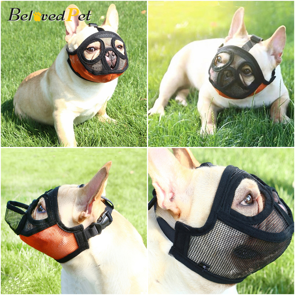 Breathable Mesh Short Snout Pet Dog Muzzle Adjustable French Bulldog Pug Mouth Muzzle Anti Bark Bite Chew Muzzles For Dogs 201102