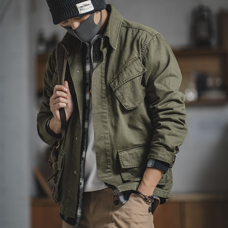 Madden Men's Retro Blazer Jacket Army Green and Blue Multi-pocket M65 Denim Jacket Men's Military Embroidered Denim Jacket 201119