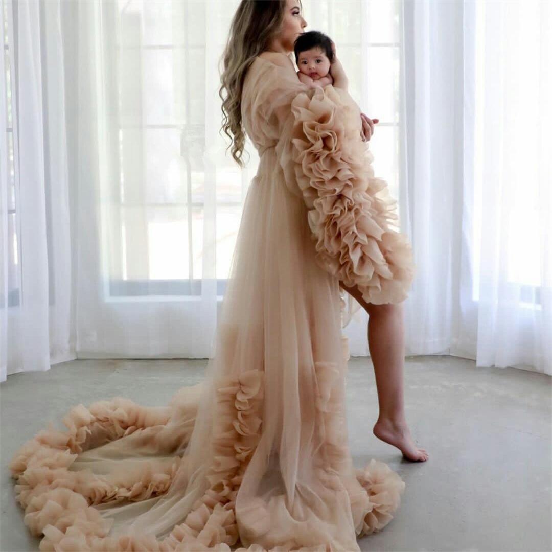 Luxury Maternity Sleepwear Ruffles Pregancy Women Gowns for Photoshoot Boudoir Lingerie Champagne Bathrobe Nightwear Babydoll Robe