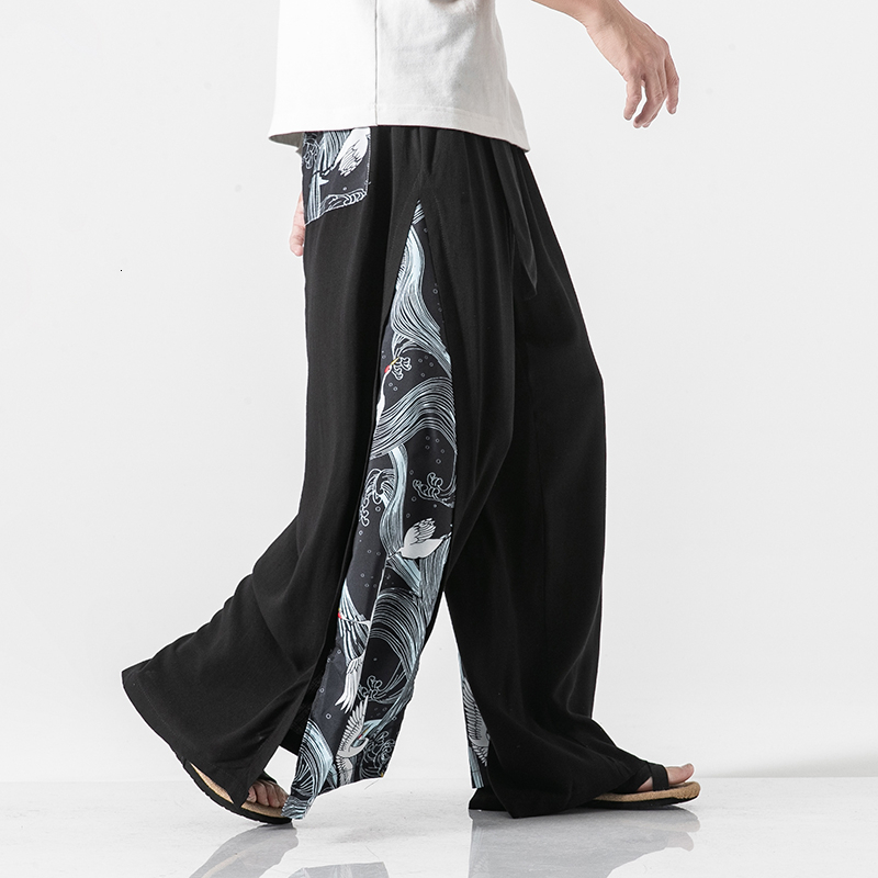 MrGoldenBowl Store Summer Chinese Style Cotton Pants Mens Patchwork Vintage Loose Pants Male Wide Leg Pants 201027