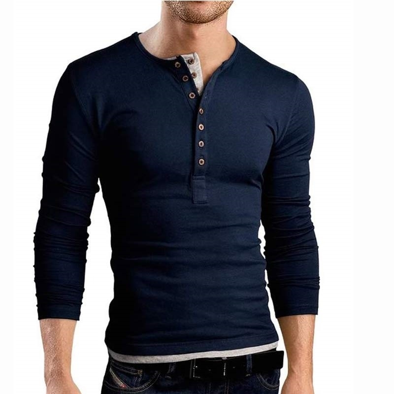 New Gray T Homme Double V Neck Henley Long Sleeve Tee shirt Men Slim Fit T-shirt Xxl 201203