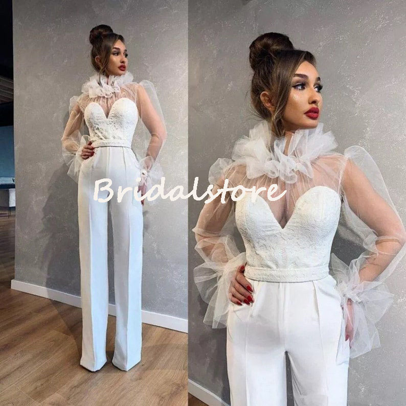 Arabic White Jumpsuit Boho Wedding Dress 2022 Illusion Long Sleeve Plus Size Beach Wedding Dresses With Lace Satin Pantsuit Women Bridal Gowns robe de