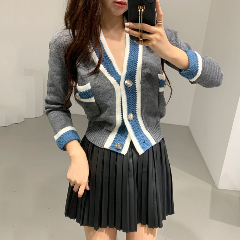 Gagaok Women Knitted Streetwear Sweater Early Spring New V-Neck Button Patchwork Short Sexy Slim Wild Female Fashion Cardigans 201030wtt