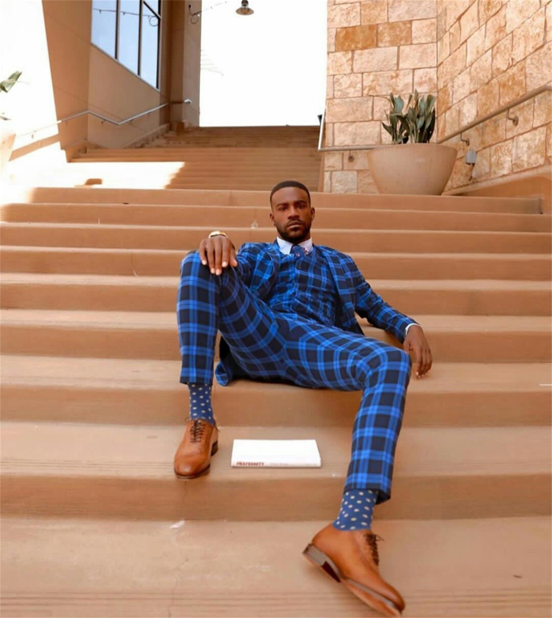 blue check mens suits 3 pieces groom best man pants suit business wedding tailored blazer jacket jacketvestpants