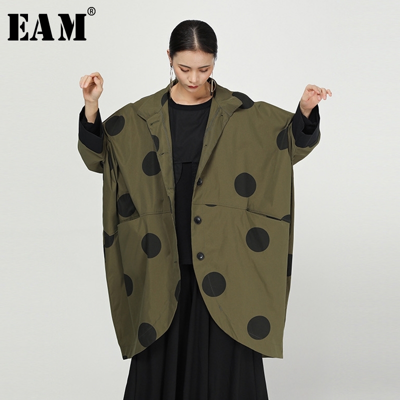 [EAM] Loose Fit Green Back Long Dot Print Split Big Size Jacket New Lapel Long Sleeve Women Coat Fashion Tide Spring 1N473 201017