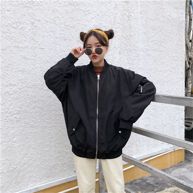 Women Bomber Jacket Boyfriend Oversize Long Sleeve Basic Coat Female Zipper Spring Armygreen Black Baggy Baseball Uniform Jacket 201022