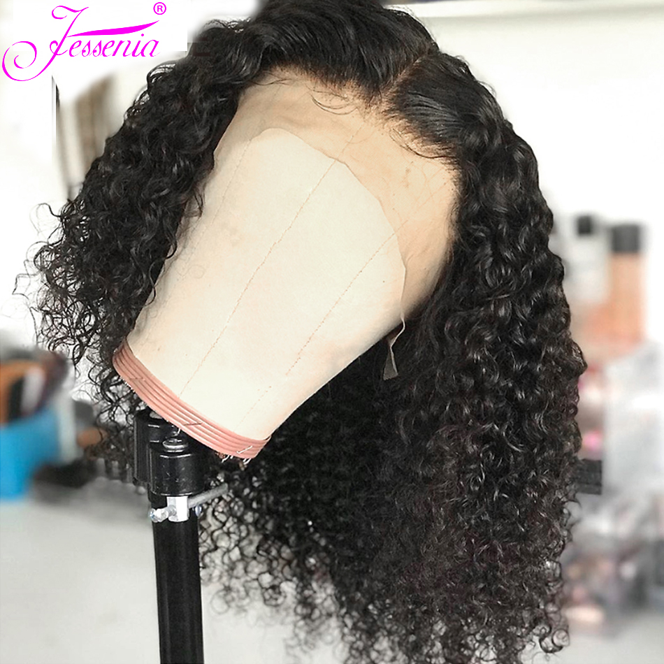 13X4 Short Hair Bob Wig Kinky Curly Pre Plucked synthetic Lace Front Wig 150%Density 16 Inches Afro Jerry Curl cheveux humain
