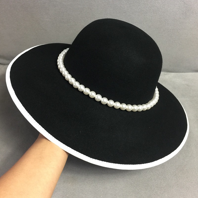 Formal Wide Brim White Black Flower Fedora Hat Pearls Band 100% Wool Felt Floppy Ladies Wedding Church Hat Porkpie Trilby Hat 201102