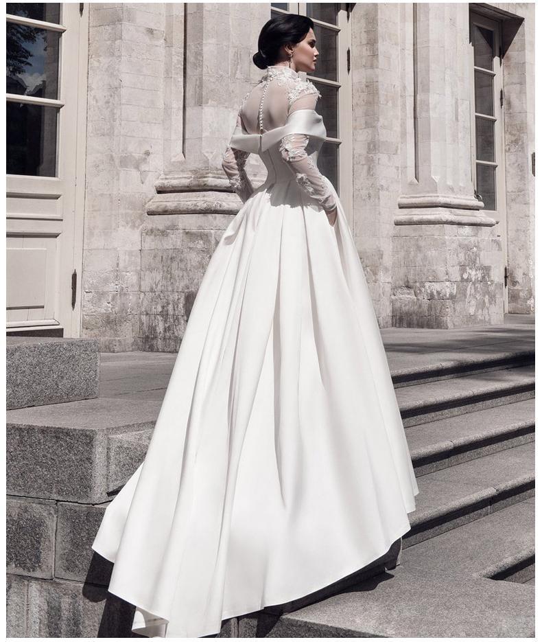 Chic Designer High Neck Wedding Dresses A Line Bridal Gowns 2022 Simple Satin Long Sleeves Bride Dress 3D Floral Appliques Lace Garden Vestidos De Nov