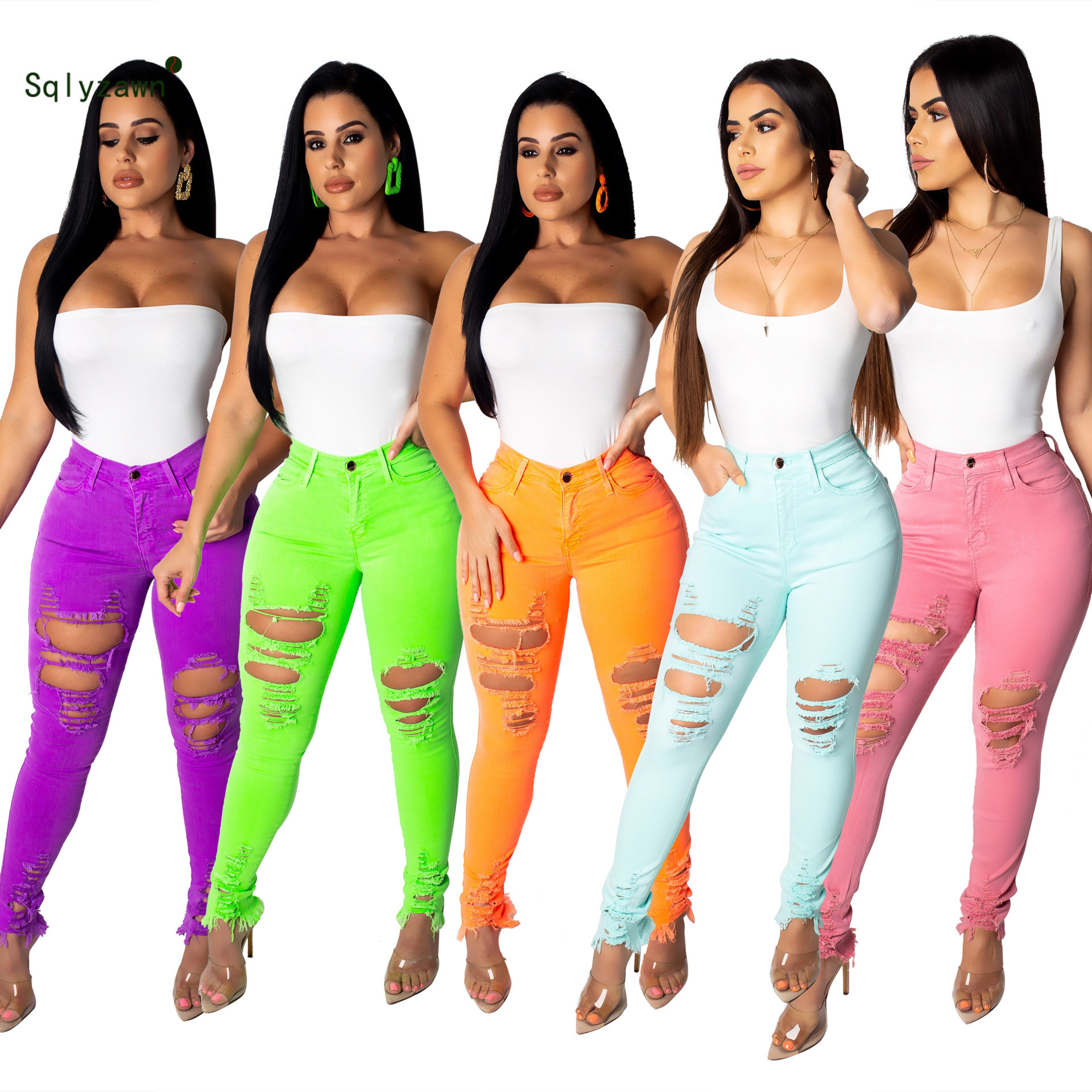 XXL Neon Green Orange Sexy High Waist Jeans Pants Women Stretchy Holes Casual Denim Trousers Streetwear Plus Size Pencil Pants 201014