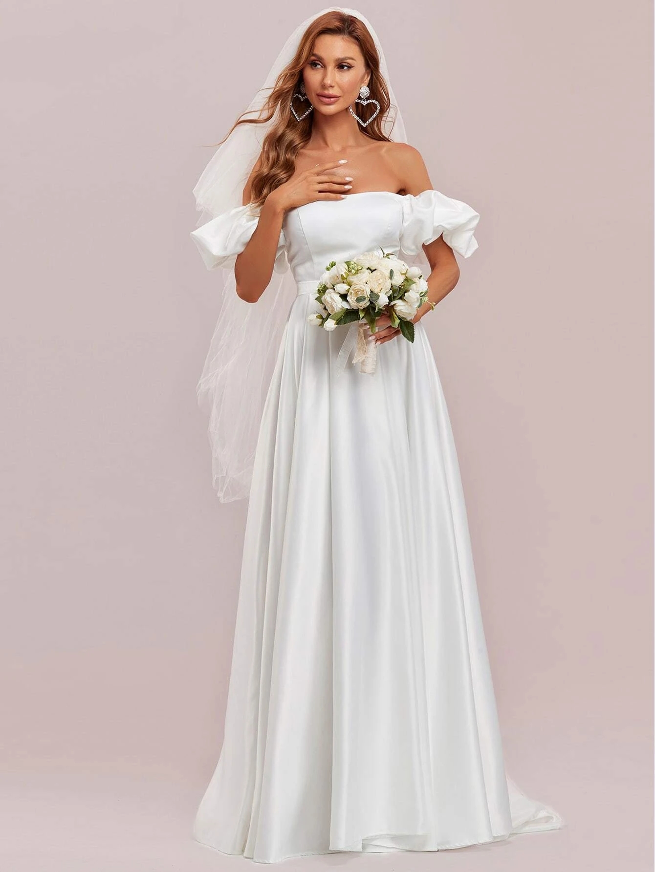 Bridal Gown Plus Size 2022 A-line Satin Wedding Dresses Off Shoulder Puff Sleeve Buckled Belted vestidos de noiva