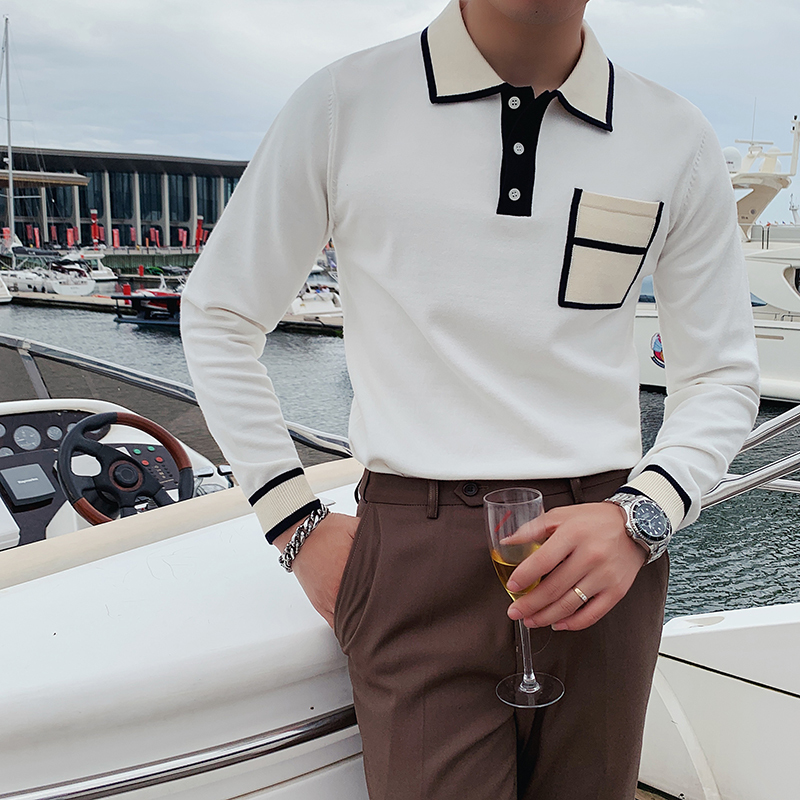 British Style Autumn Winter Sweater Men Fashion Front Pocket Long Sleeve Mens Casual Sweaters Turn Down Collar Pullovers 201026