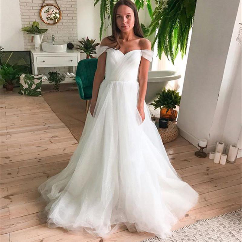 Off Shoulder Long Wedding Dresses with Long Tulle Sweep Train Bridal Gowns robe de Ruffle Plus Size Robe De Marriage Gowns 2021