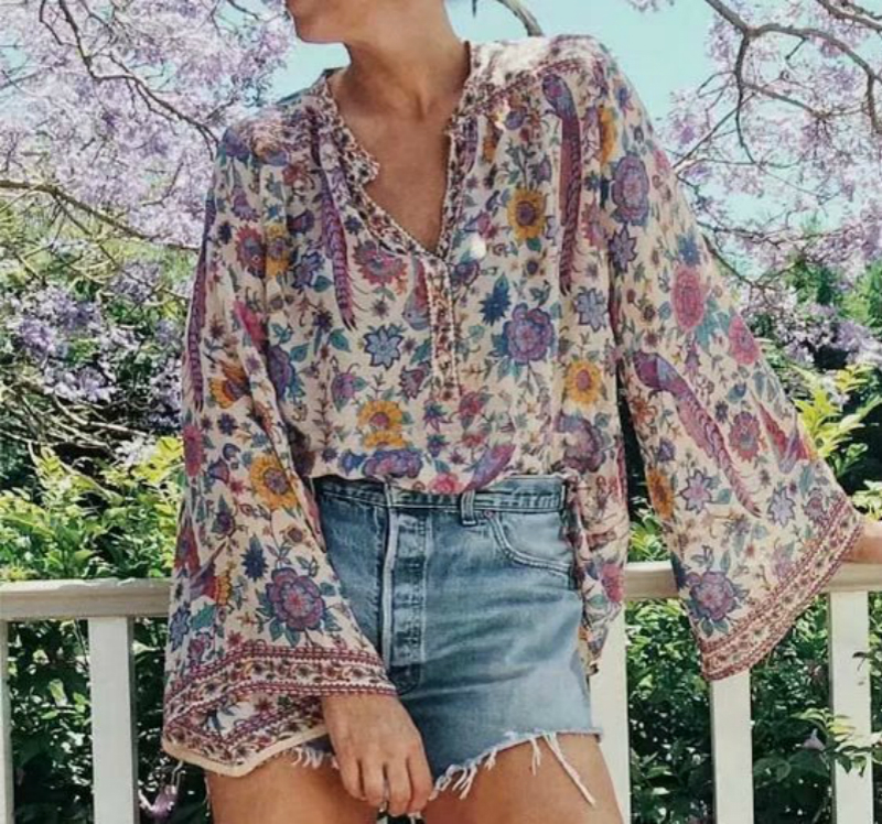 Vintage chic hippie women rayon cotton beach floral peacock print bohemian blouse shirt ladies flare sleeve loose Boho shirts T200321