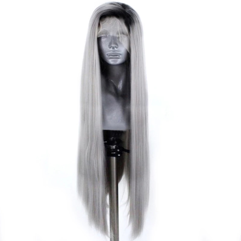 Free part Ombre Silver Gray Wig Synthetic Lace Front Wig Heat Resistant Fiber Hair Glueless Cosplay lace frontal Wigs with Black Roots