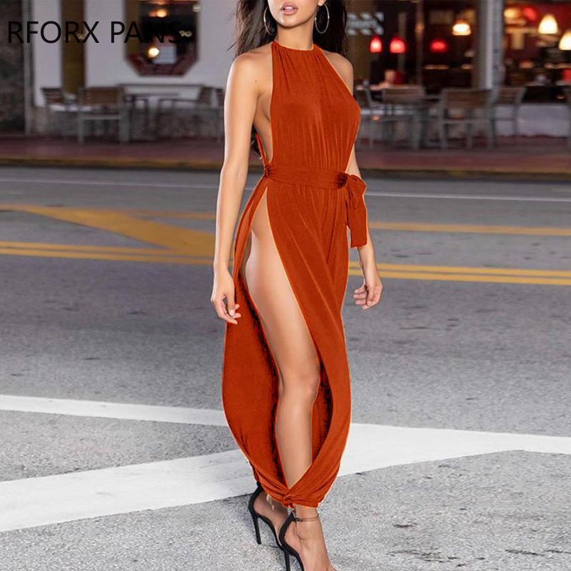 Solid Sleeveless Ruched Slit Jumpsuit Sexy Jumpsuit for Women T200509