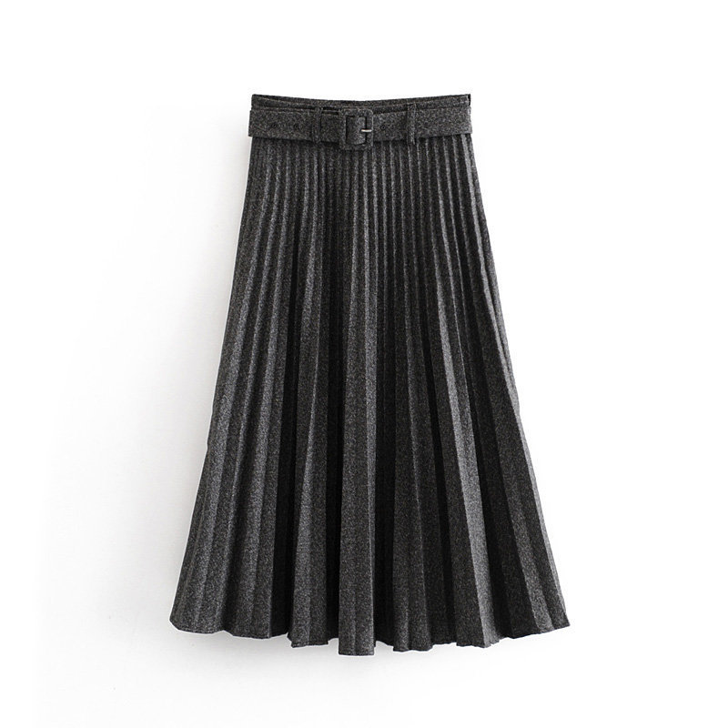 New Women fashion belt solid color pleated midi skirt faldas mujer ladies side zipper vestidos retro casual slim skirts QUN481 T200106
